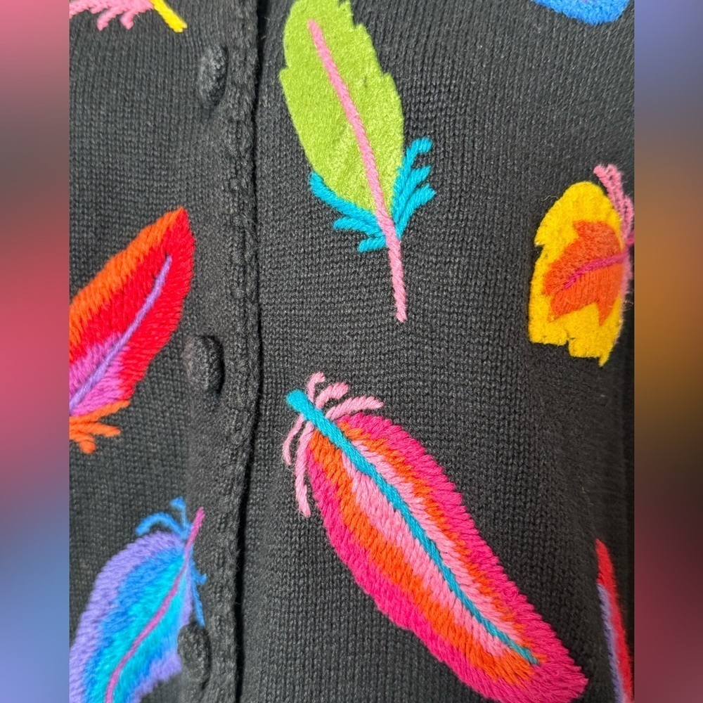 Michael Simon Vintage Embroidered Feathers Button-Down Sweater (1998) Sz M - Picture 2 of 5